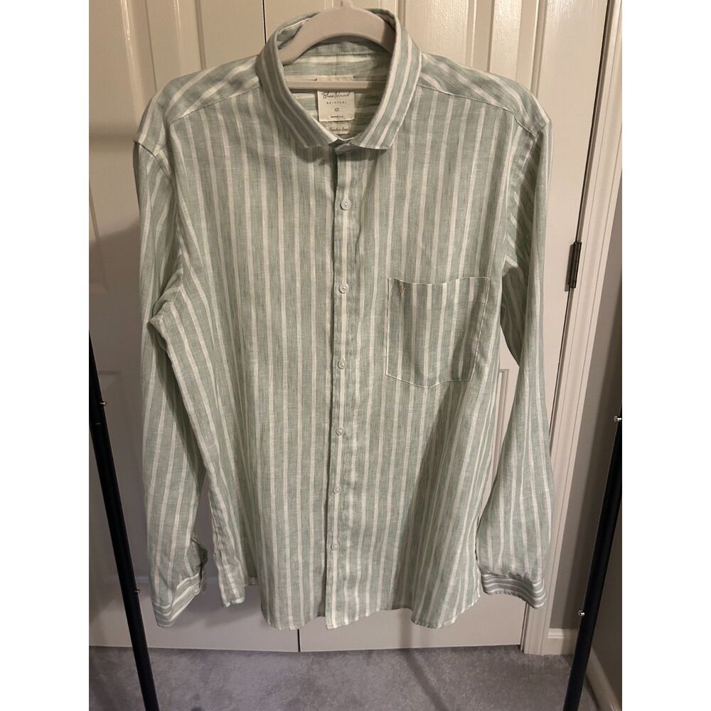 Blue Thread Original Men's Bamboo Linen Striped Button Down Shirt Green L
